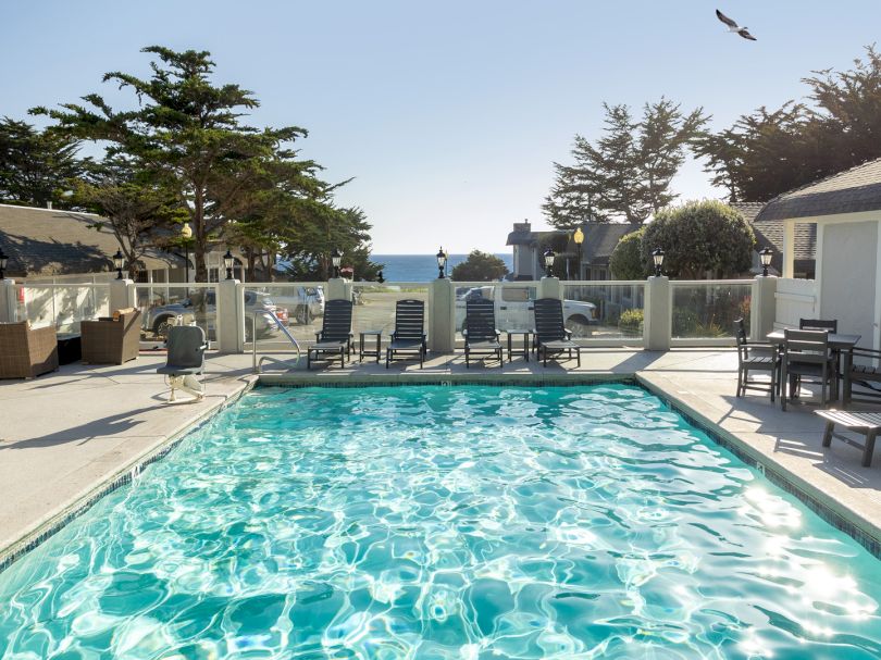Pool with clear blue water, lounge chairs, and ocean view beyond a fenced patio. Sunny day, seagull flying overhead.