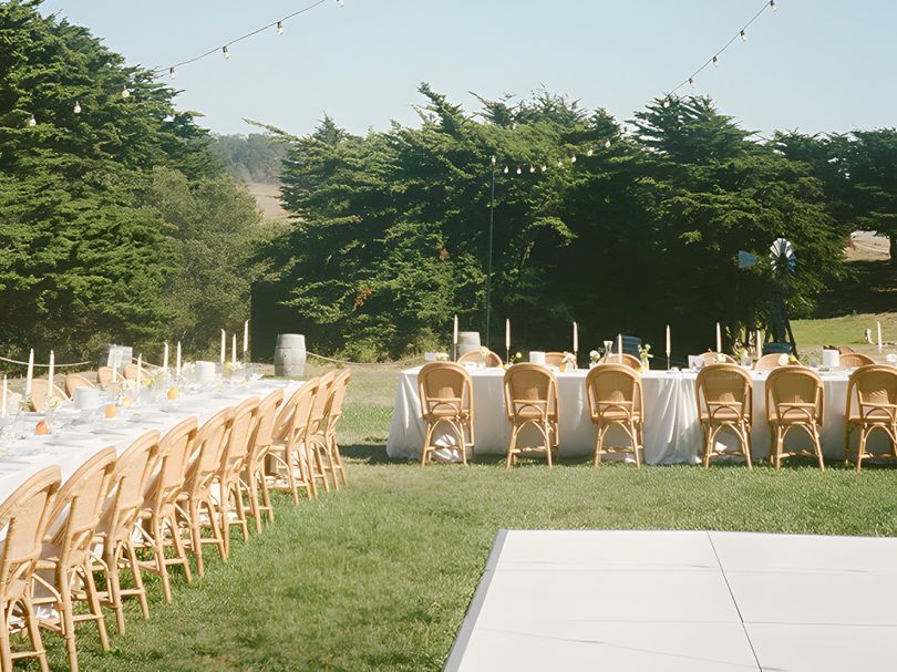 An outdoor wedding reception setup with long tables and many wooden chairs on a grassy lawn, string lights overhead, and a backdrop of trees.