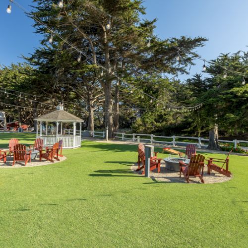 A sunny lawn with wooden chairs and tables arranged around, a small gazebo, string lights, and tall trees in the background. Top it at 140 characters, always ending the sentence.