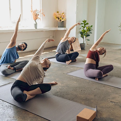 People doing a yoga class in a bright studio, various seated side stretches on mats with blocks nearby.