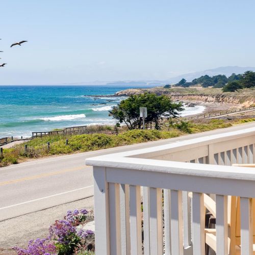 Birds flying over a coast with a road, railing, and sea view from a balcony.
