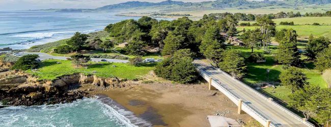 A coastal park with a small sandy beach, rocky shoreline, pine trees, and a bridge crossing to a grassy area by the sea, under blue skies.