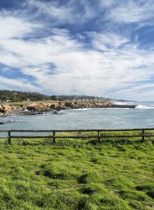 A grassy coastal scene with a fence along the shore, rocky outcrops by the water, and a bright blue sky scattered with white clouds.